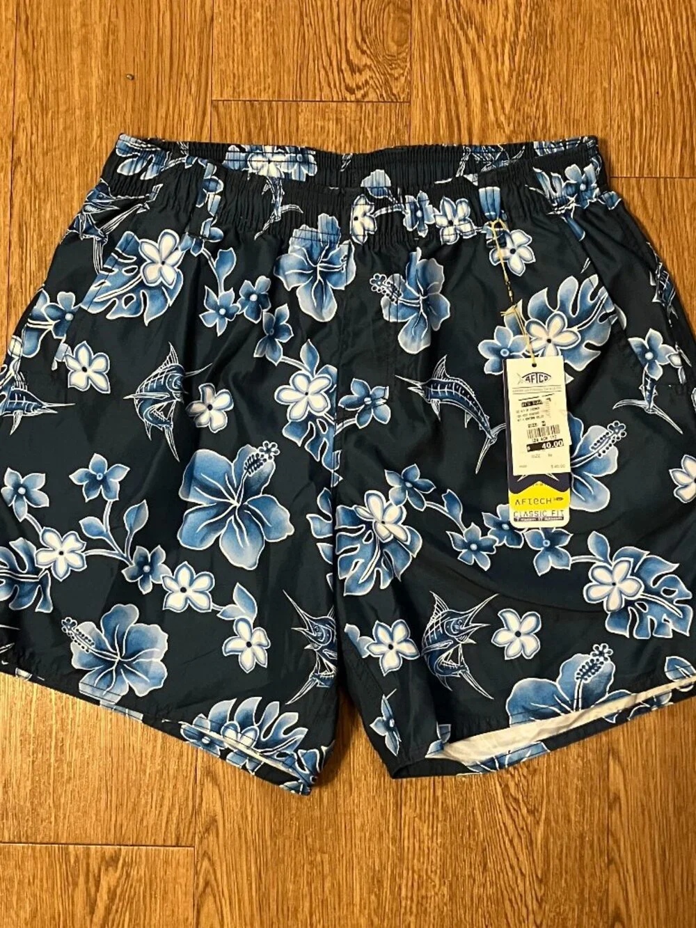 AFTCO Boatbar Volley Swim Shorts Mens Medium Midnight Blue Hibiscus Marlin NWT